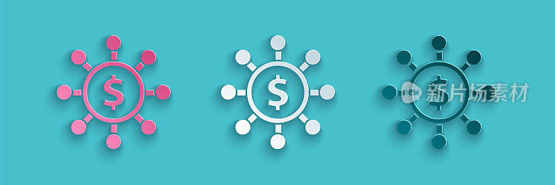 Paper cut Dollar, share, network icon isolated on blue background. Paper art style. Vector Illustration